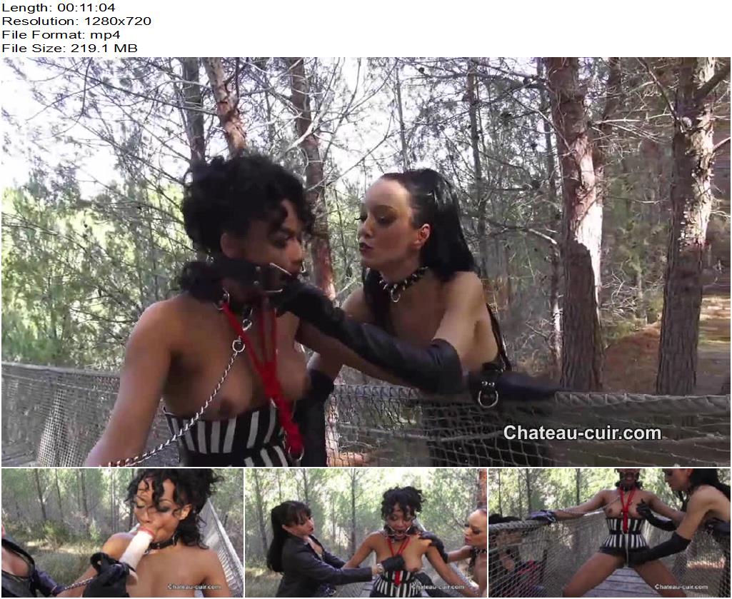 ChateauCuir  Leather slave girl fucked outdoors part 12   Fetish Liza and Miss Miranda preview
