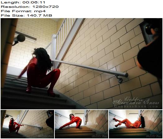 Goddess Alexandra Snow  Red Catsuit in Stairwell Photoshoot preview