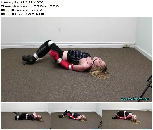  TIED IN HEELS  Blonde Meagan Tied in Red Satin Opera Gloves and Black Leather Knee Boots  preview