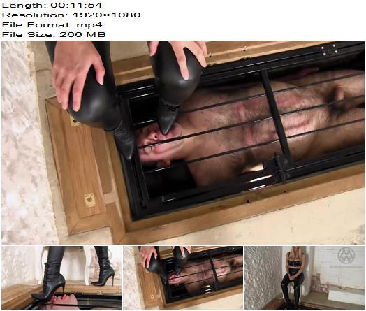 Mistress Nikki Whiplash  WL1480  Caged Boot and Spit Slave 1080 HD  Boot Worship preview