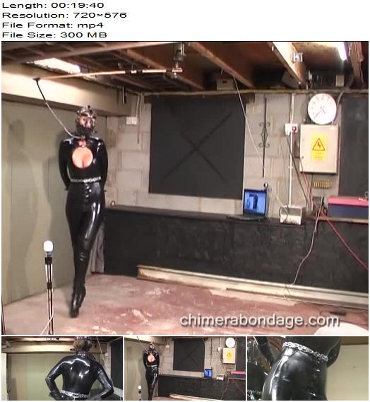 Chimera Bondage  Lucy Lauren in skin tight rubber muzzled cuffed chained preview