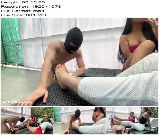 Evil Woman  Three Dommes using her slave on the tarrace preview