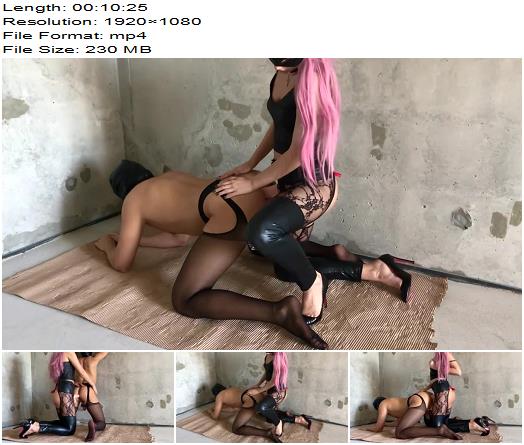 Dominatrix Queen  First time trying a huge strapon dildo while he is locked in chastity preview