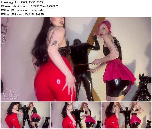 Fetish Chateau Dommes  2 Latex Mistresses spanking rubber gimp on the cross preview