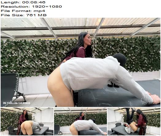 Fetish Chateau Dommes Evilwoman is pegging her slave in shiny tight leggings outdoor preview