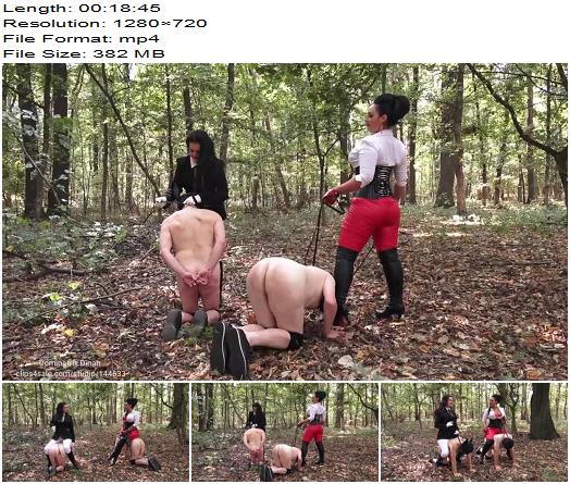 Mistress Ezada Sinn  Double pony training in the forest  Dominatrix ponyboy play in forest preview