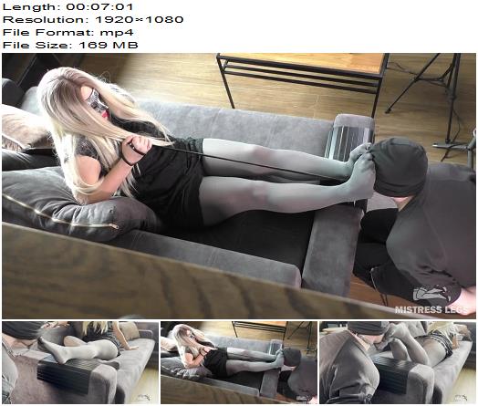 Mistress Legs  Worship MILF Mistress Feet In Grey Opaque Pantyhose On The Sofa preview